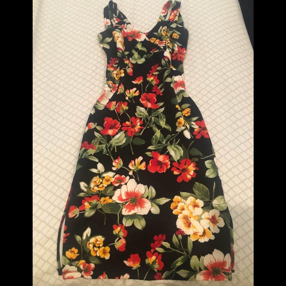 Enfocus Studio Black Floral Midi Dress with Red and Yellow Blooms